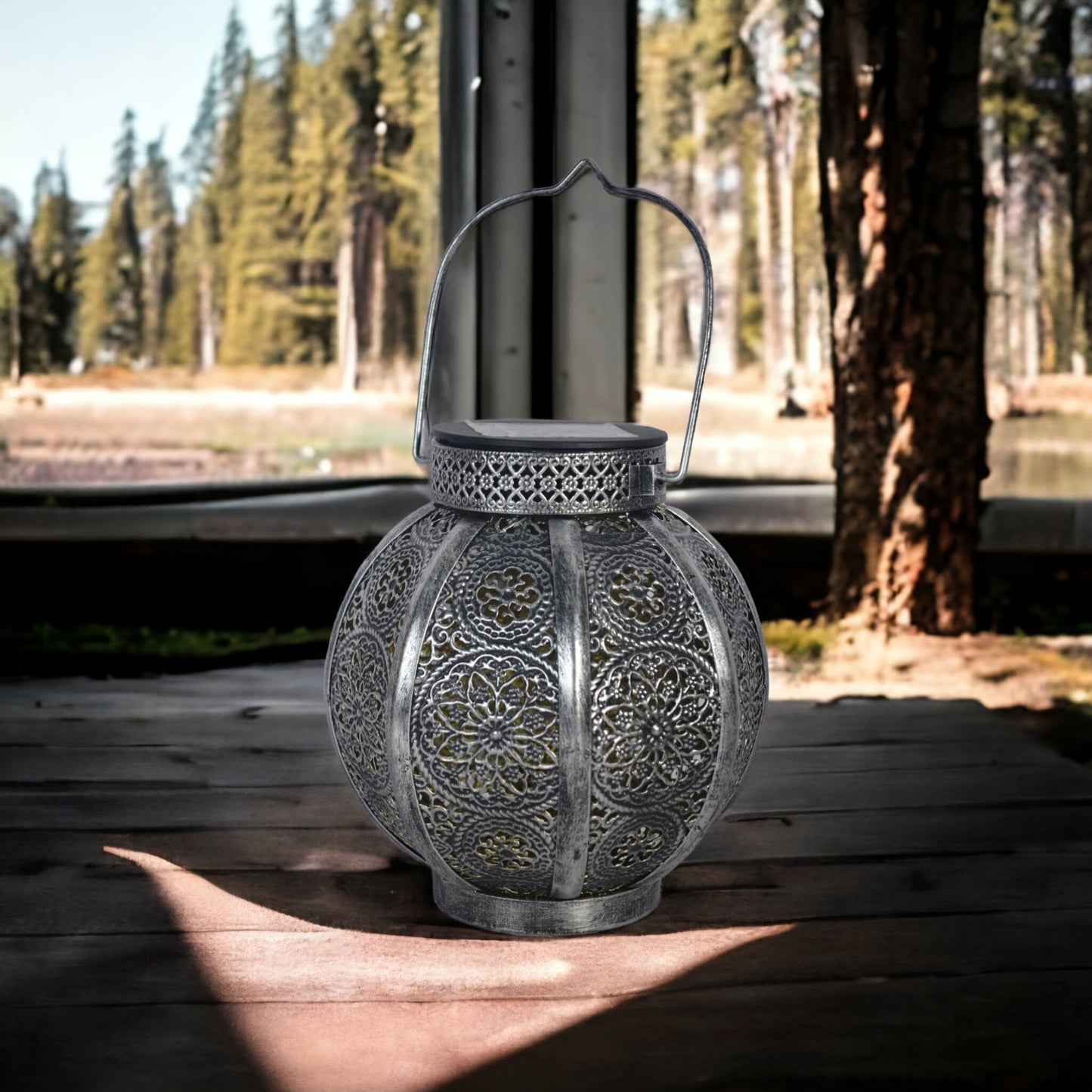 Moroccan Solar Powered Silver Brushed Lantern