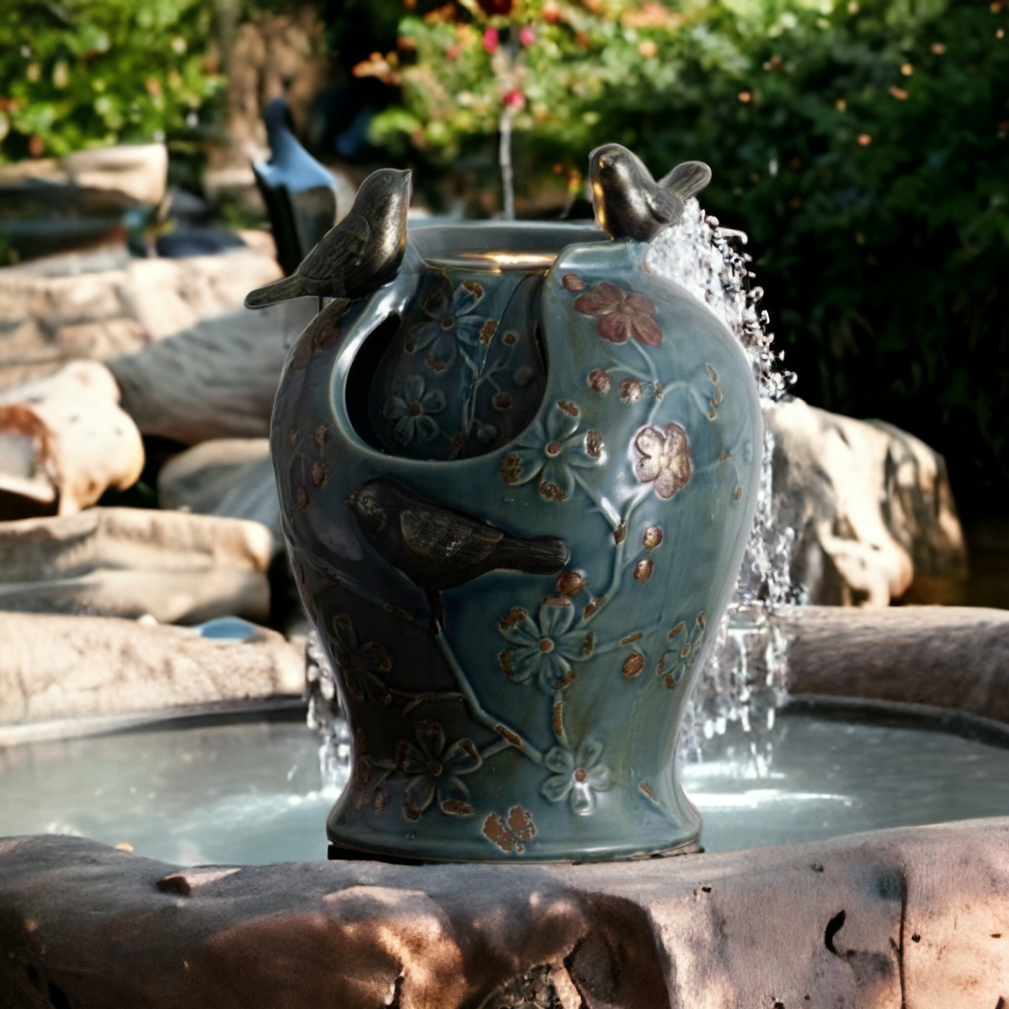Blue Verdigris Songbird Fountain